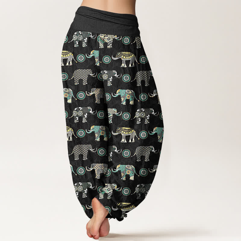 Nimara Ritual Cotton Elephant Mandala Pattern Women's Elastic Waist Harem Pants
