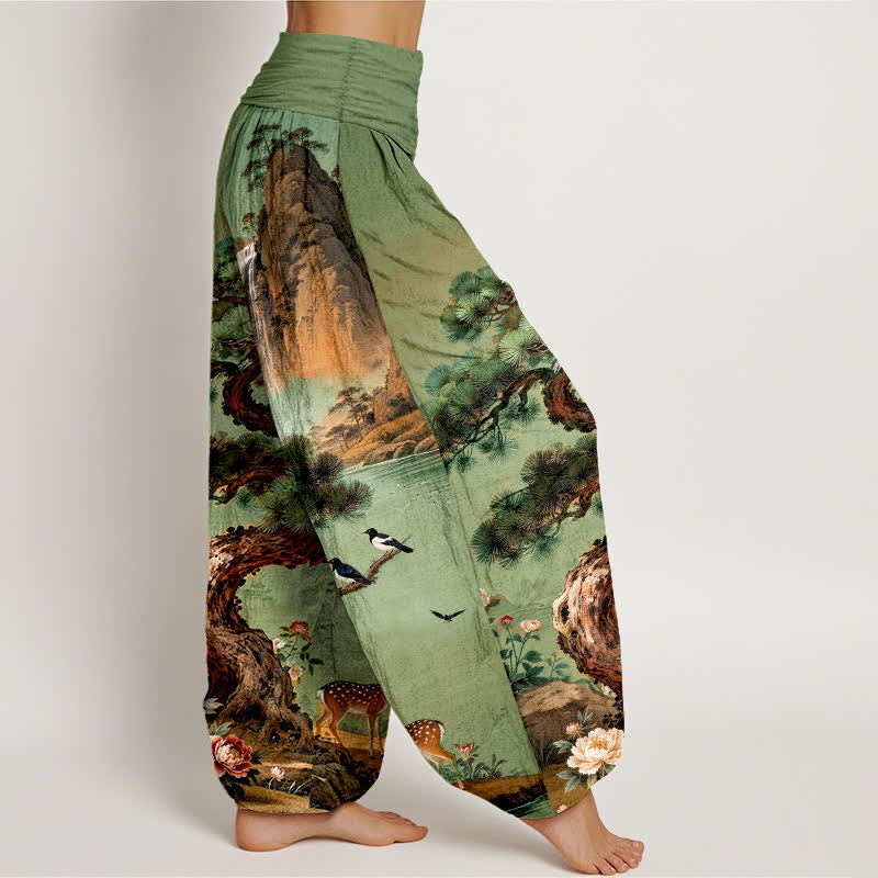 Nimara Ritual Cotton Mountain Pine Deer Pattern Women's Elastic Waist Harem Pants