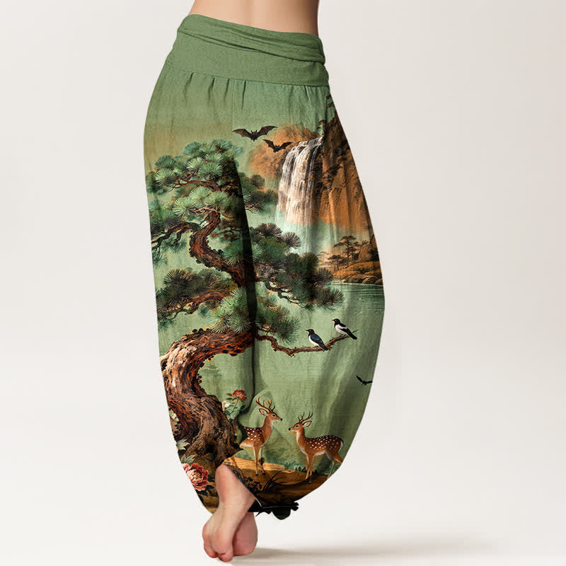 Nimara Ritual Cotton Mountain Pine Deer Pattern Women's Elastic Waist Harem Pants
