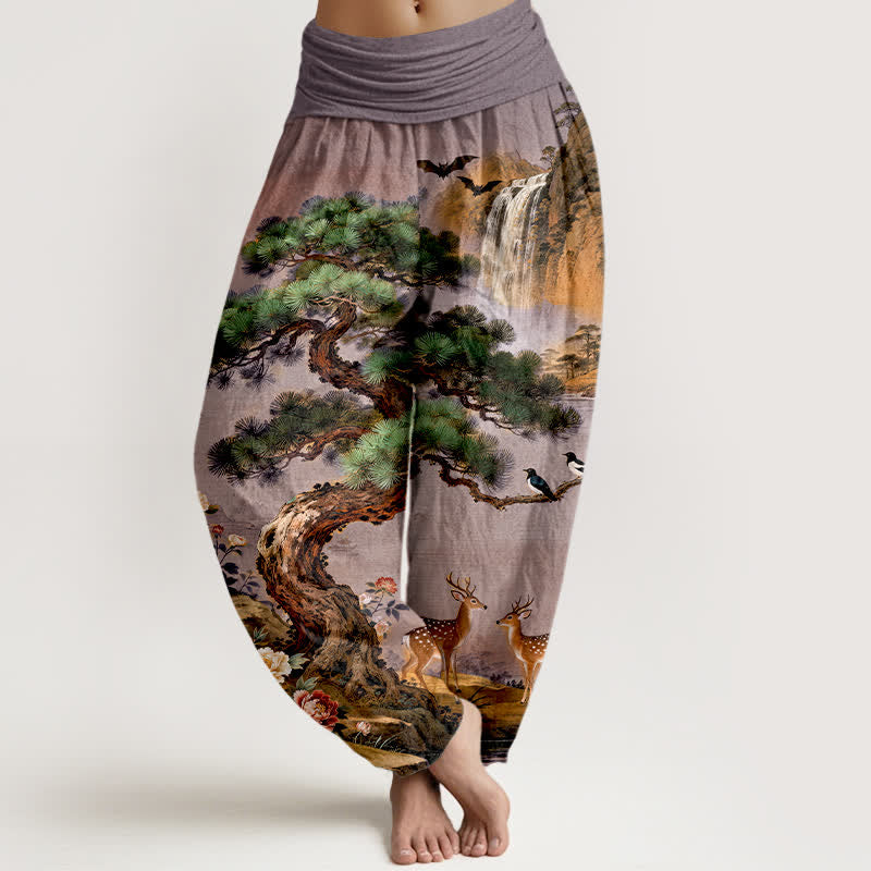 Nimara Ritual Cotton Mountain Pine Deer Pattern Women's Elastic Waist Harem Pants