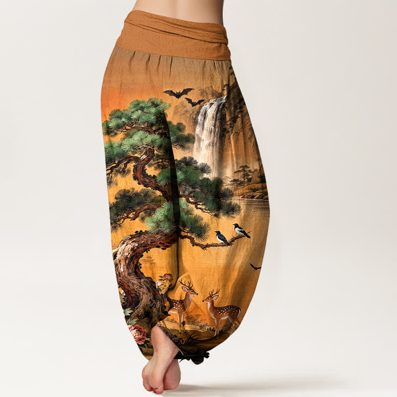 Nimara Ritual Cotton Mountain Pine Deer Pattern Women's Elastic Waist Harem Pants