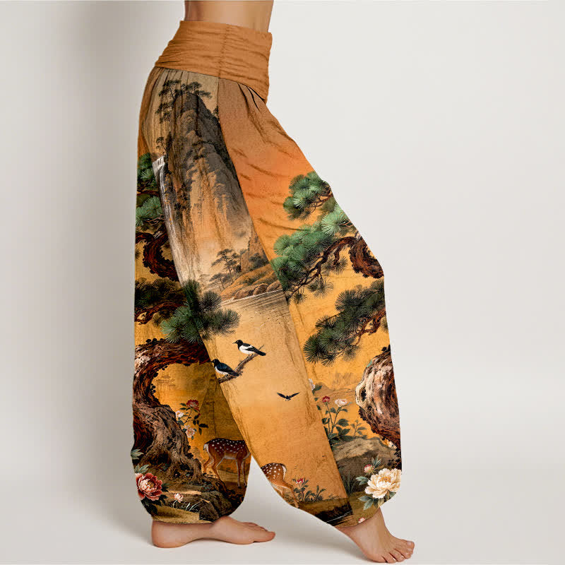 Nimara Ritual Cotton Mountain Pine Deer Pattern Women's Elastic Waist Harem Pants