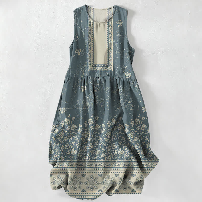 Nimara Ritual Summer Casual Vintage Floral Border Pattern Women's Summer Sleeveless Midi Dress With Pockets