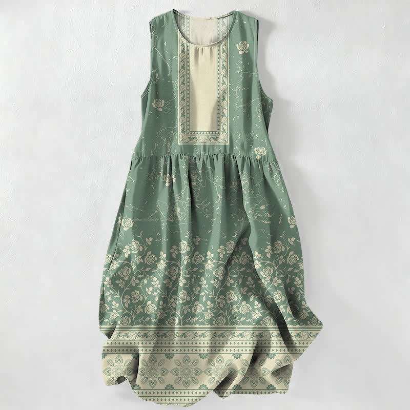 Nimara Ritual Summer Casual Vintage Floral Border Pattern Women's Summer Sleeveless Midi Dress With Pockets