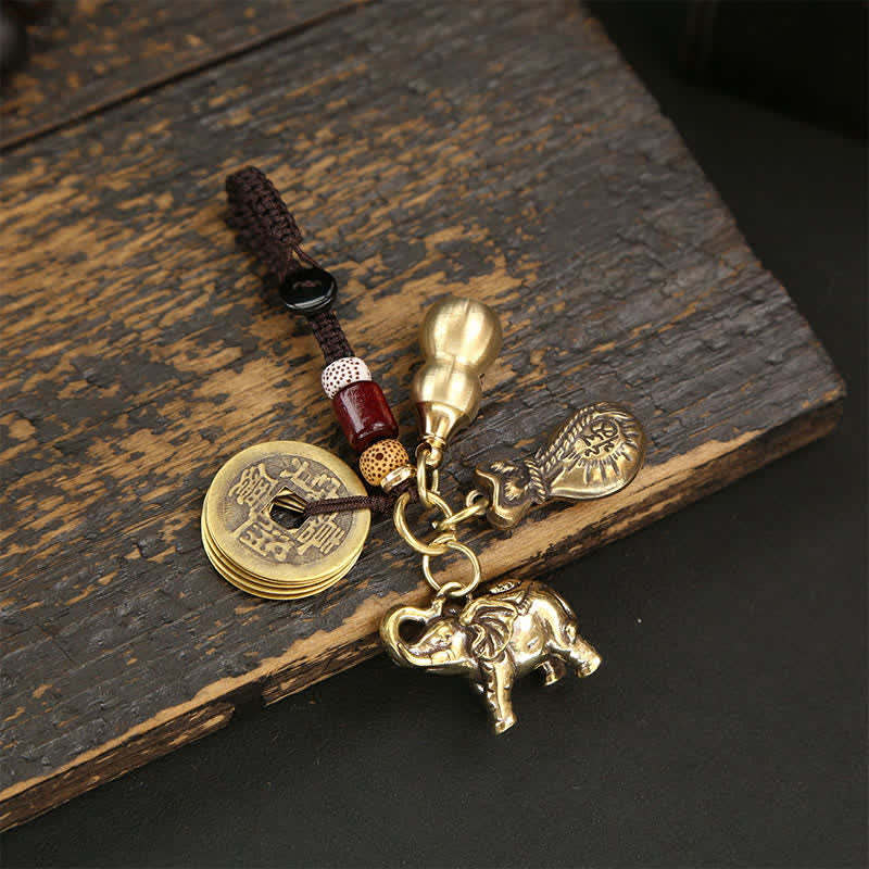 Nimara Ritual Brass Elephant Five Emperor Coins Gourd Pi Xiu Wisdom Keychains