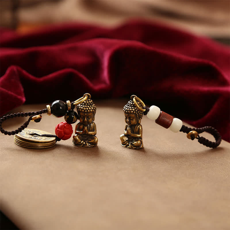 Nimara Ritual Brass Buddha Five Emperor Coins Braided Cord Compassion Keychains