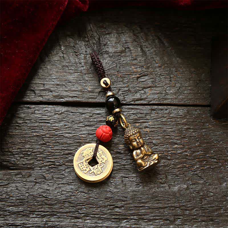 Nimara Ritual Brass Buddha Five Emperor Coins Braided Cord Compassion Keychains