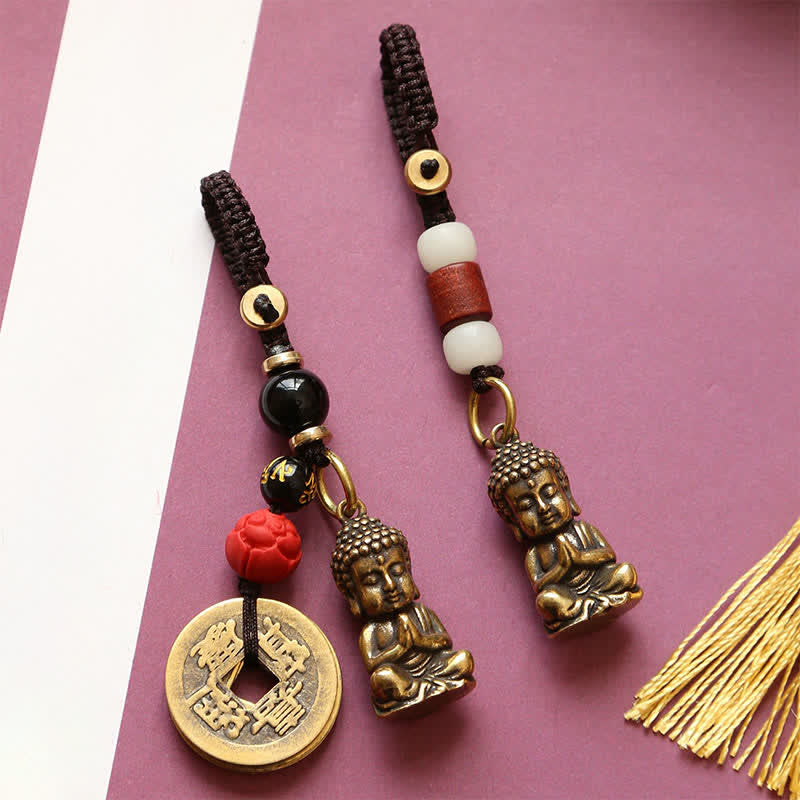 Nimara Ritual Brass Buddha Five Emperor Coins Braided Cord Compassion Keychains