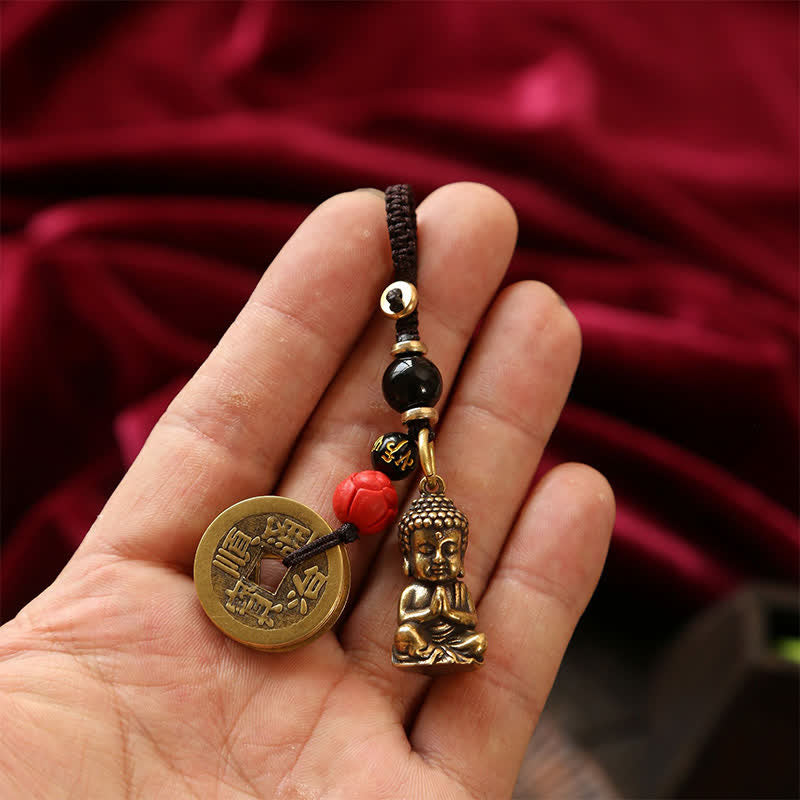 Nimara Ritual Brass Buddha Five Emperor Coins Braided Cord Compassion Keychains