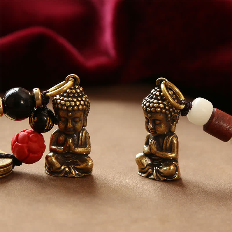 Nimara Ritual Brass Buddha Five Emperor Coins Braided Cord Compassion Keychains