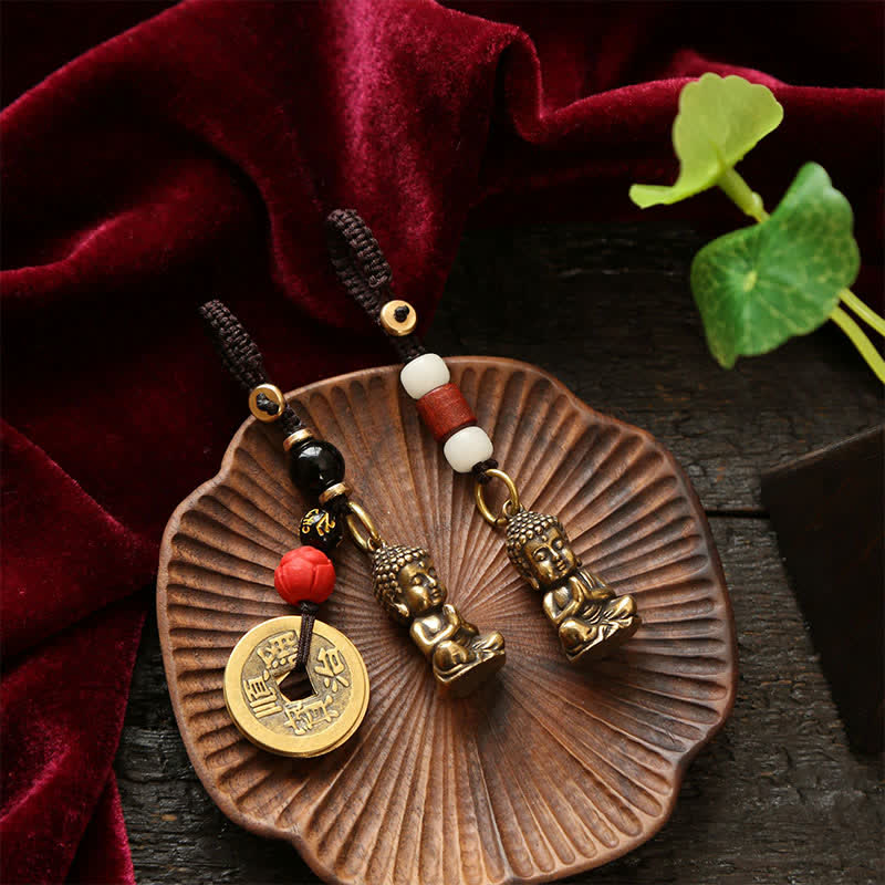 Nimara Ritual Brass Buddha Five Emperor Coins Braided Cord Compassion Keychains