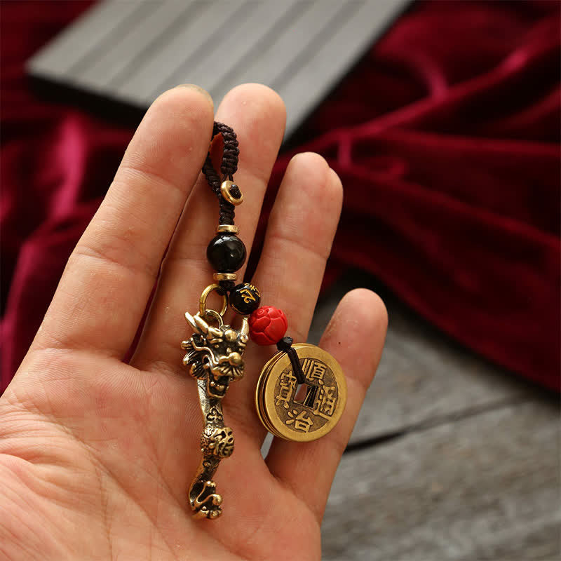 Nimara Ritual Brass Dragon Ruyi Five Emperor Coins Success Keychains