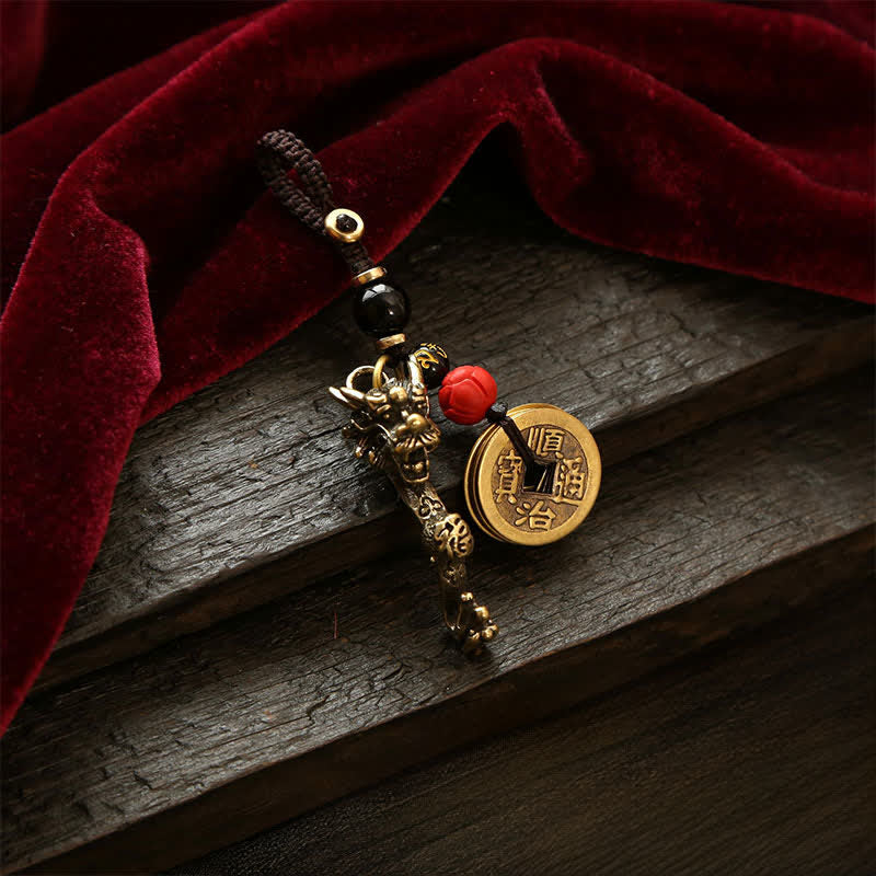 Nimara Ritual Brass Dragon Ruyi Five Emperor Coins Success Keychains