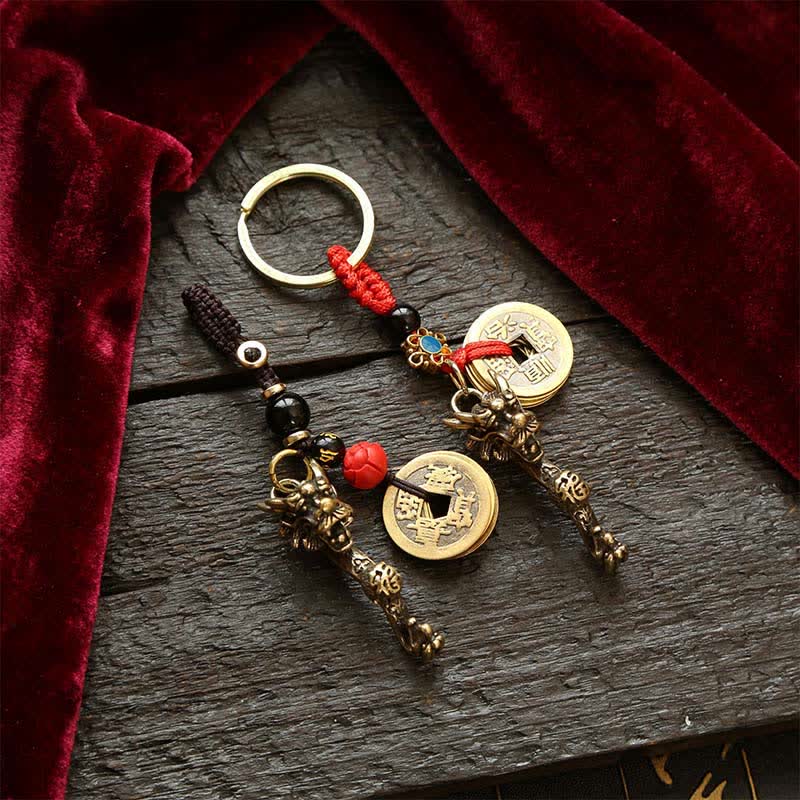 Nimara Ritual Brass Dragon Ruyi Five Emperor Coins Success Keychains