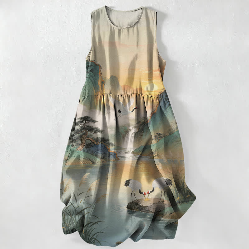 Nimara Ritual Summer Casual Crane Waterfall Landscape Pattern Women's Summer Sleeveless Midi Dress With Pockets