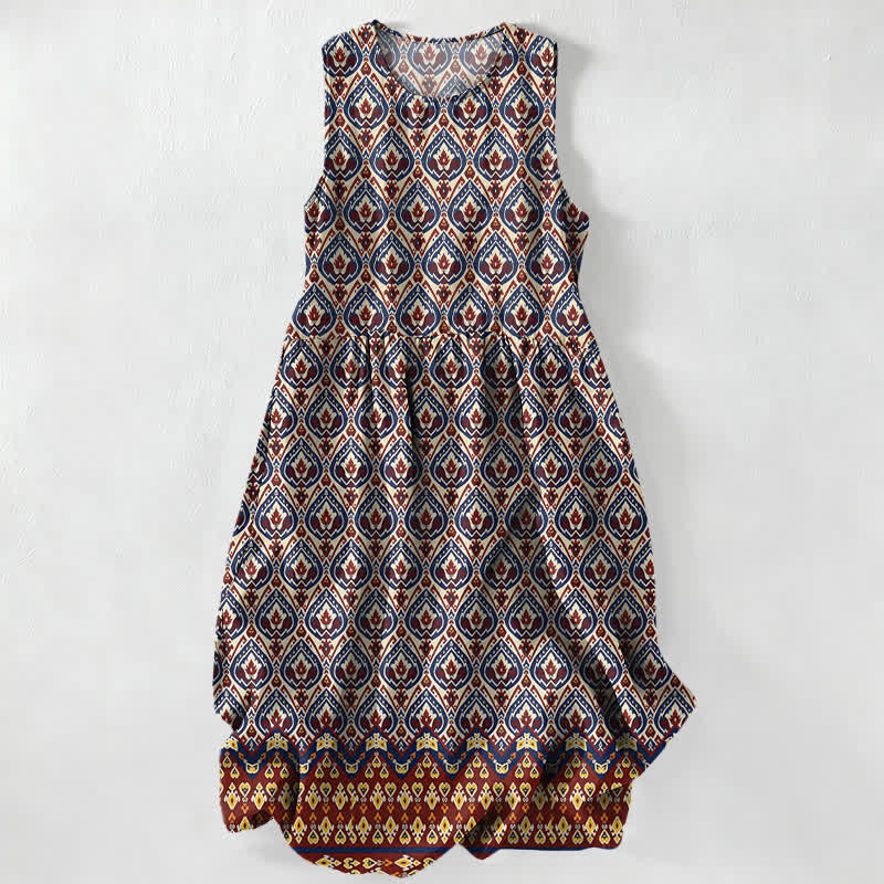 Nimara Ritual Summer Casual Bohemian Ikat Geometric Pattern Women's Summer Sleeveless Midi Dress With Pockets