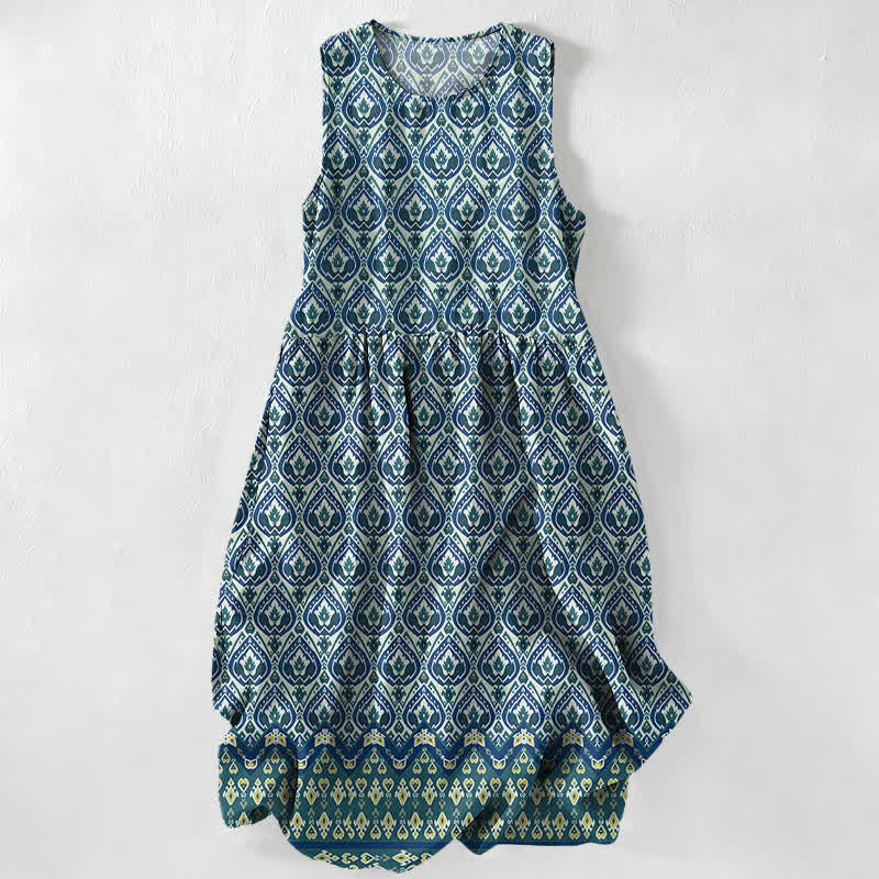 Nimara Ritual Summer Casual Bohemian Ikat Geometric Pattern Women's Summer Sleeveless Midi Dress With Pockets