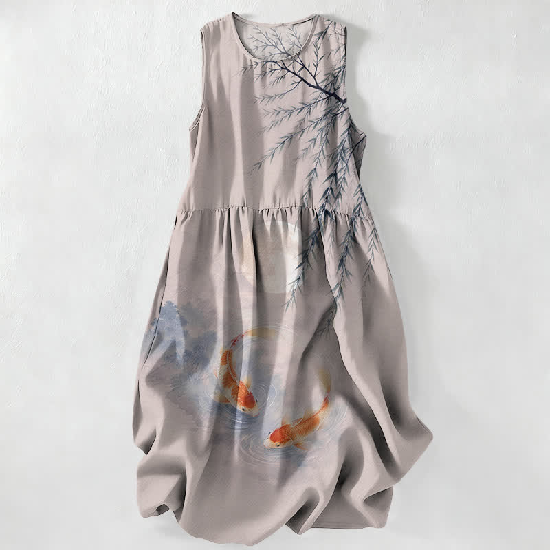 Nimara Ritual Summer Casual Ink Koi Willow Pattern Women's Summer Sleeveless Midi Dress With Pockets