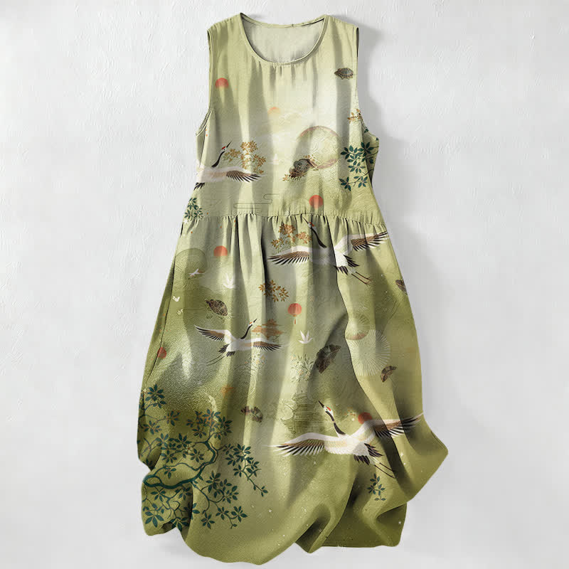 Nimara Ritual Summer Casual Crane Botanical Sun Pattern Women's Summer Sleeveless Midi Dress With Pockets