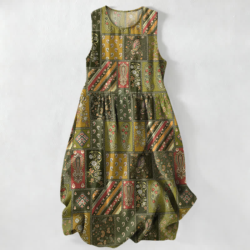 Nimara Ritual Summer Casual Olive Patchwork Paisley Floral Pattern Women's Summer Sleeveless Midi Dress With Pockets