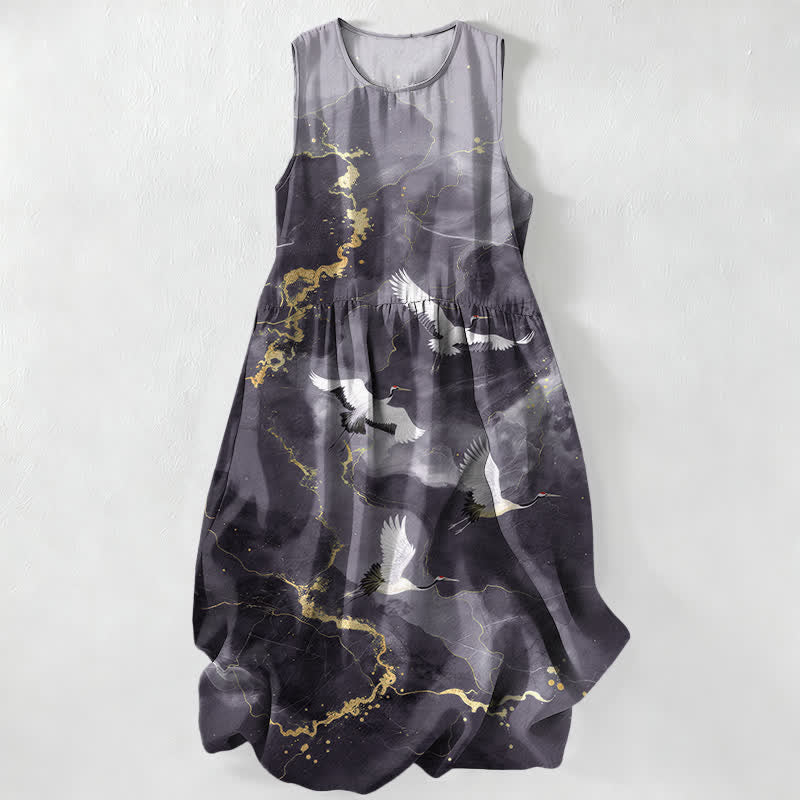 Nimara Ritual Summer Casual White Crane Gold Marble Pattern Women's Summer Sleeveless Midi Dress With Pockets