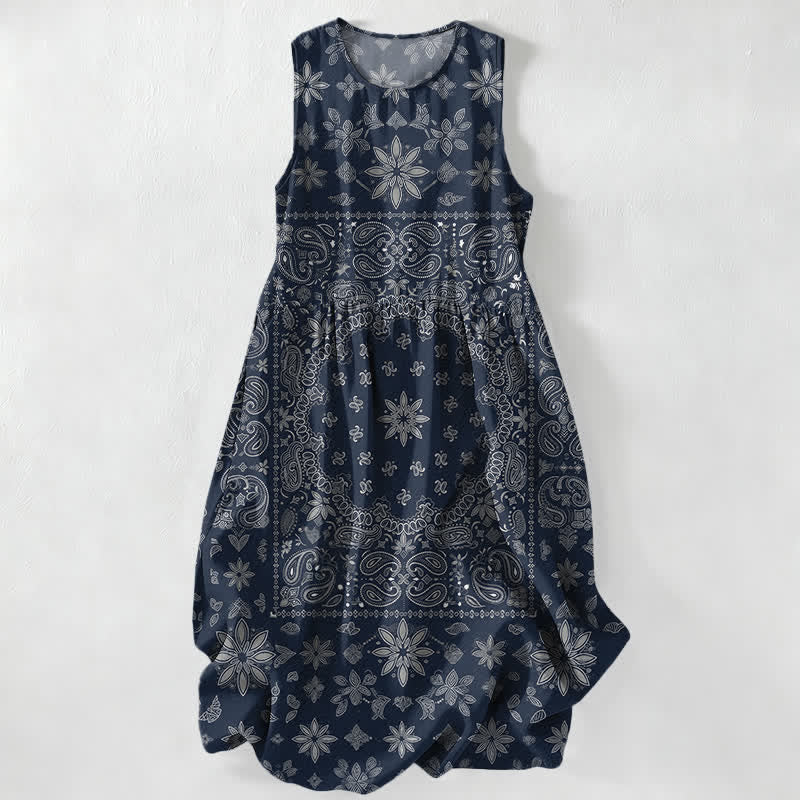 Nimara Ritual Summer Casual Bandana Paisley Floral Pattern Women's Summer Sleeveless Midi Dress With Pockets
