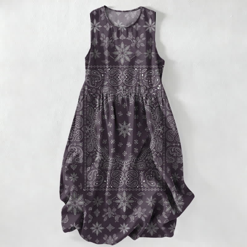 Nimara Ritual Summer Casual Bandana Paisley Floral Pattern Women's Summer Sleeveless Midi Dress With Pockets