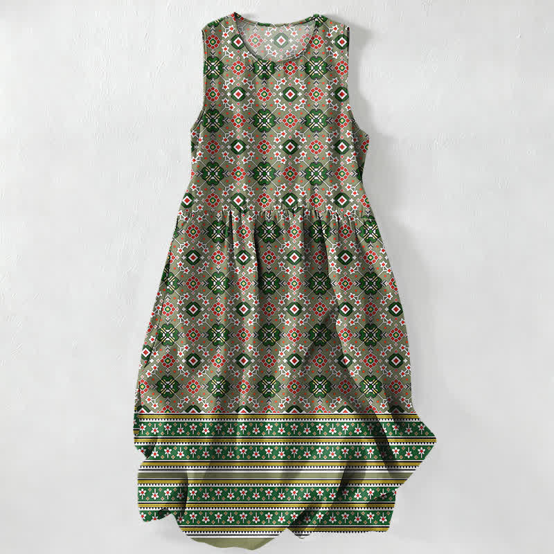 Nimara Ritual Summer Casual Blue Bohemian Geometric Border Pattern Women's Summer Sleeveless Midi Dress With Pockets