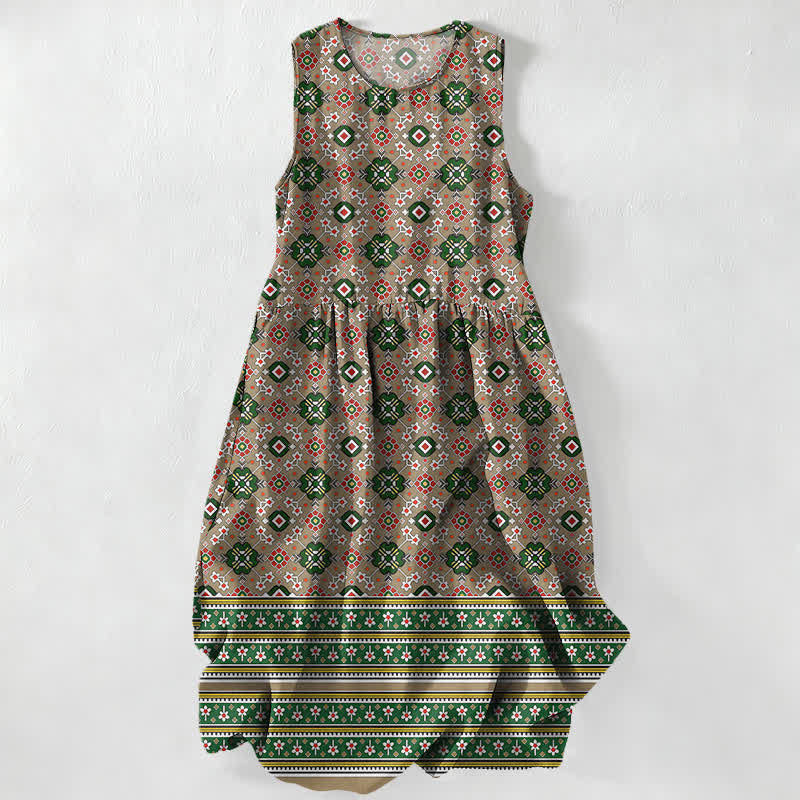 Nimara Ritual Summer Casual Blue Bohemian Geometric Border Pattern Women's Summer Sleeveless Midi Dress With Pockets