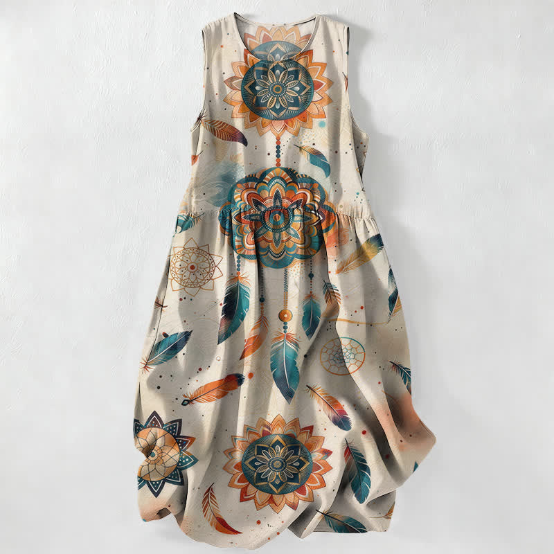 Nimara Ritual Summer Casual Bohemian Mandala Feather Pattern Women's Summer Sleeveless Midi Dress With Pockets