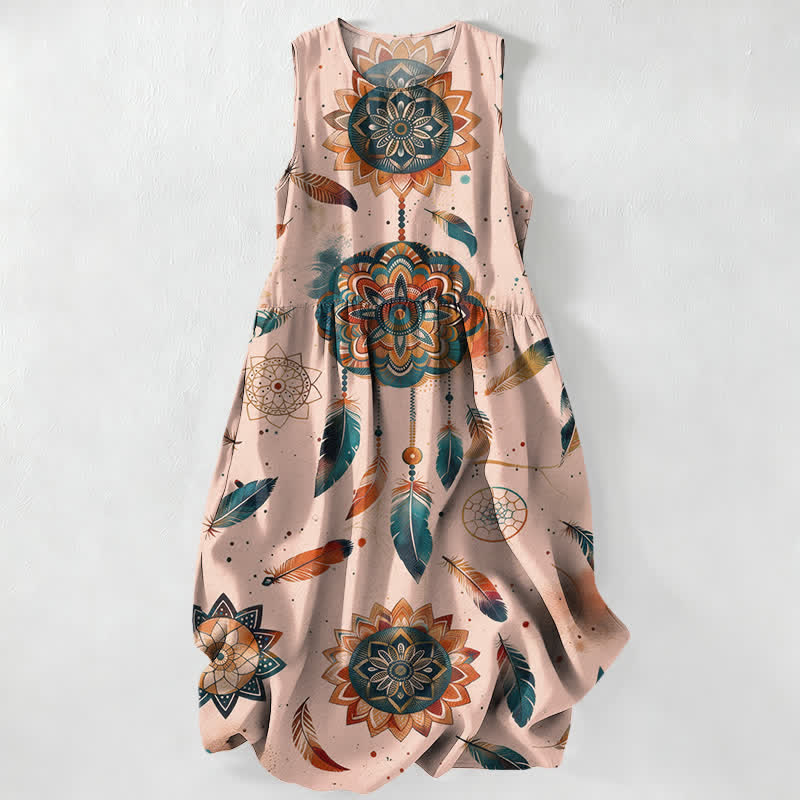 Nimara Ritual Summer Casual Bohemian Mandala Feather Pattern Women's Summer Sleeveless Midi Dress With Pockets