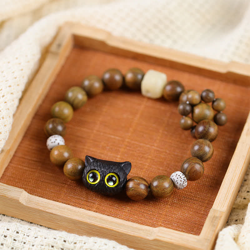 Nimara Ritual Ebony Wood Lucky Cat Grounding Beaded Bracelet