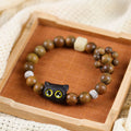 Peace and Grounding Ebony Wood Lucky Cat Beaded Bracelet
