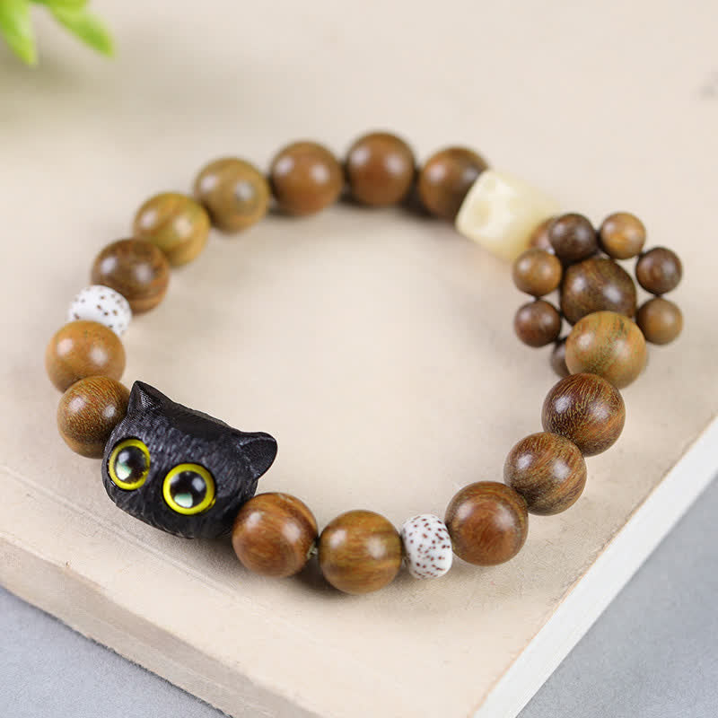 Peace and Grounding Ebony Wood Lucky Cat Beaded Bracelet
