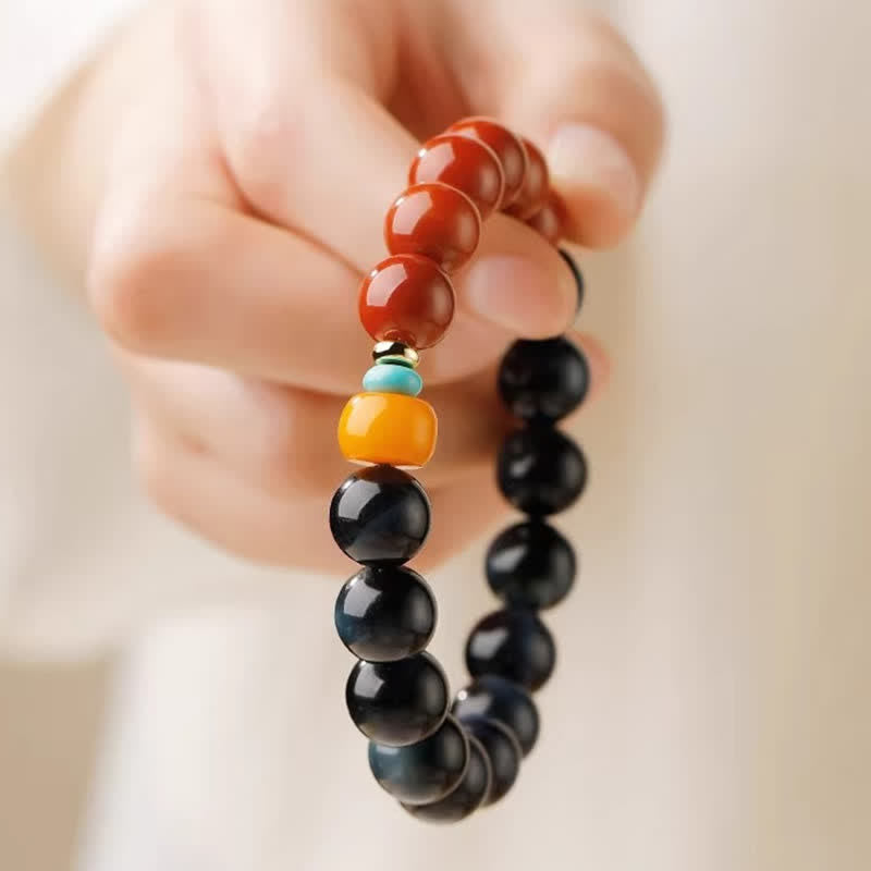 Nimara Ritual Blue Tiger Eye South Red Agate Power Round Bead Bracelet