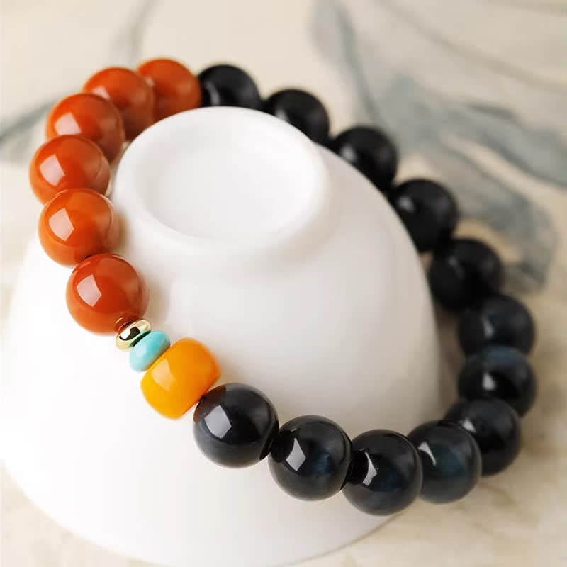 Nimara Ritual Blue Tiger Eye South Red Agate Power Round Bead Bracelet