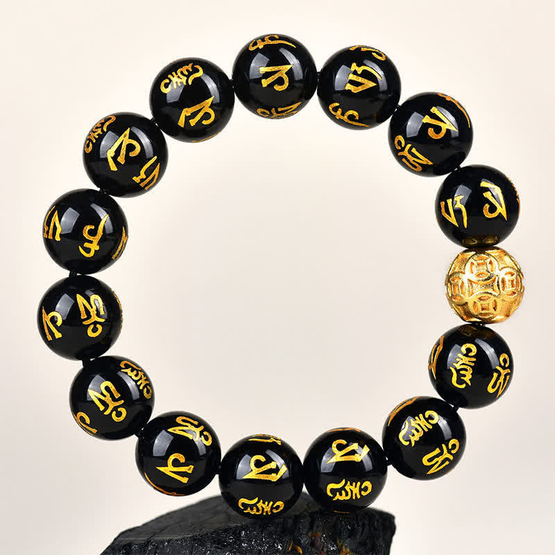 Strength and Purity Black Obsidian Om Mani Padme Hum Bracelet