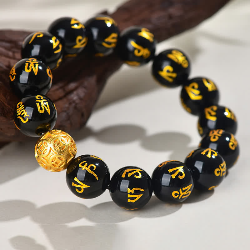 Strength and Purity Black Obsidian Om Mani Padme Hum Bracelet