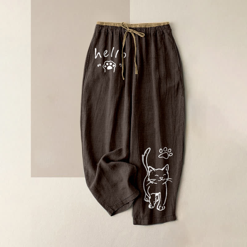 Nimara Ritual Pure Cotton Hello Cat Paw Pattern Women's Elastic Waist Pants With Pockets