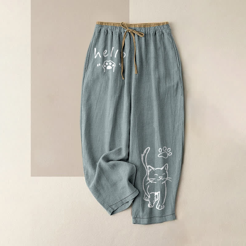 Nimara Ritual Pure Cotton Hello Cat Paw Pattern Women's Elastic Waist Pants With Pockets