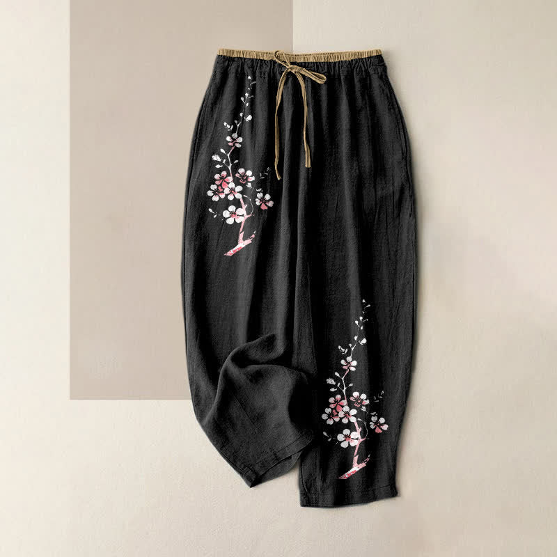 Nimara Ritual Pure Cotton Oriental Blossom Branch Pattern Women's Elastic Waist Pants With Pockets