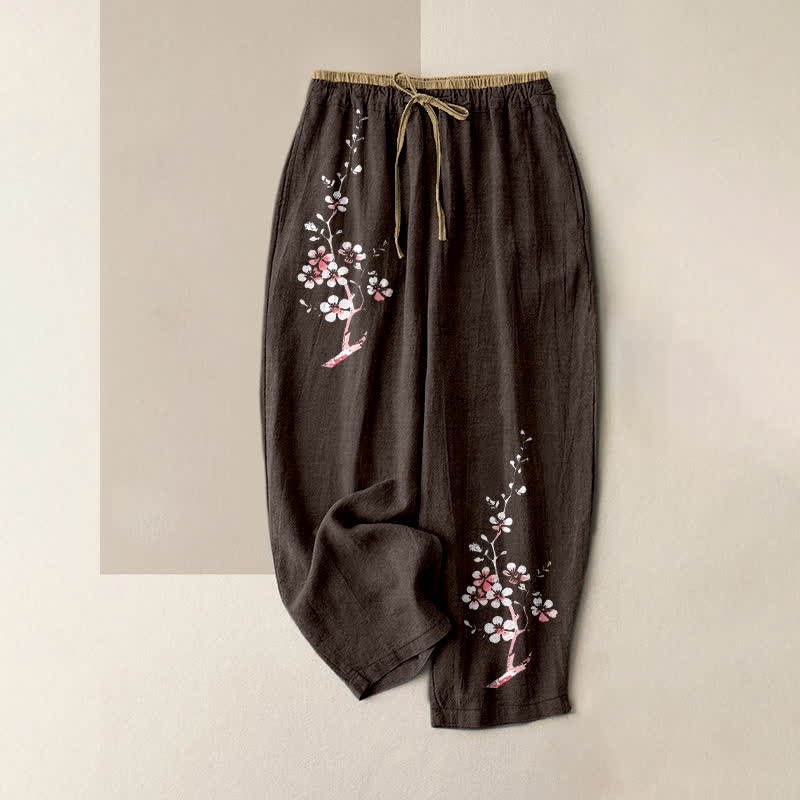 Nimara Ritual Pure Cotton Oriental Blossom Branch Pattern Women's Elastic Waist Pants With Pockets