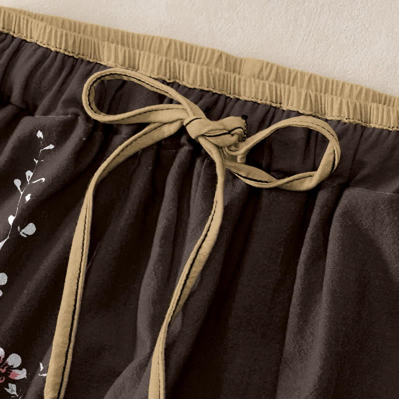Nimara Ritual Pure Cotton Oriental Blossom Branch Pattern Women's Elastic Waist Pants With Pockets
