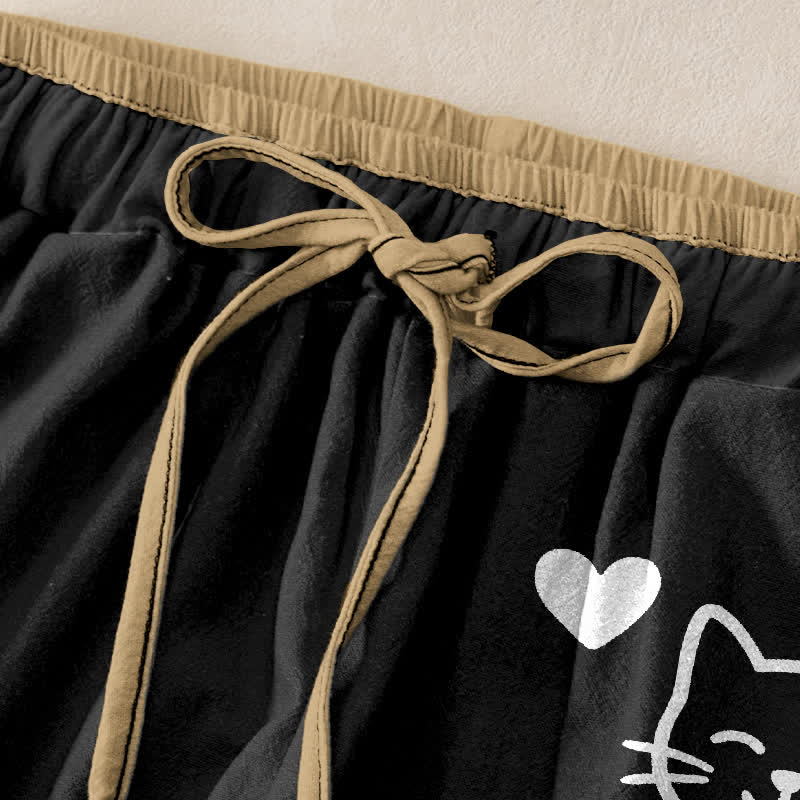 Nimara Ritual Pure Cotton Cute Cat Heart Paw Print Pattern Women's Elastic Waist Pants With Pockets