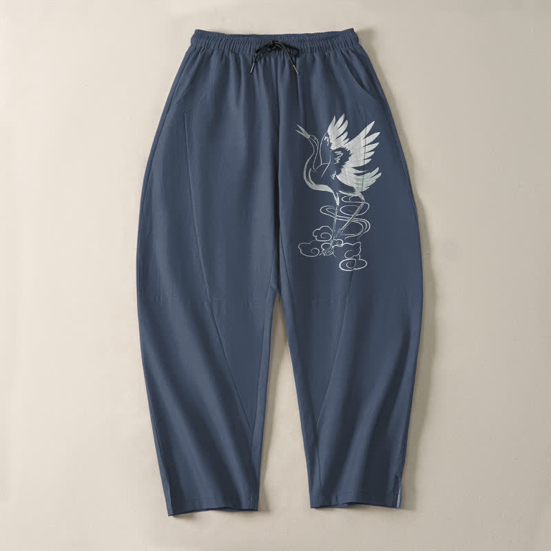 Nimara Ritual Pure Cotton White Crane Pattern Drawstring Men's Tapered Pants With Pockets