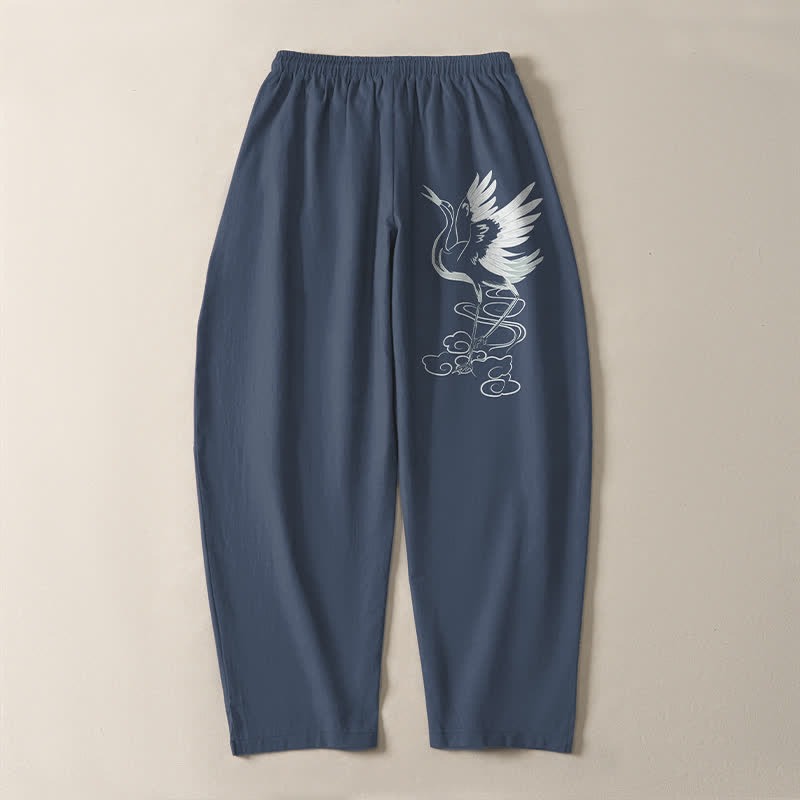Nimara Ritual Pure Cotton White Crane Pattern Drawstring Men's Tapered Pants With Pockets