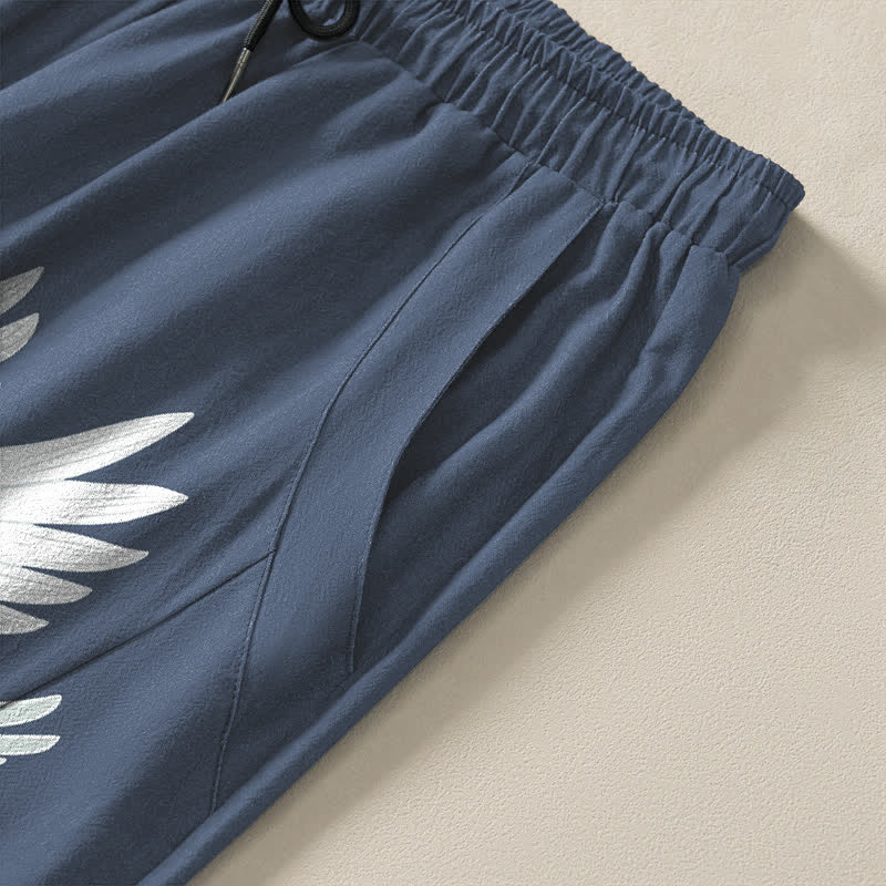 Nimara Ritual Pure Cotton White Crane Pattern Drawstring Men's Tapered Pants With Pockets
