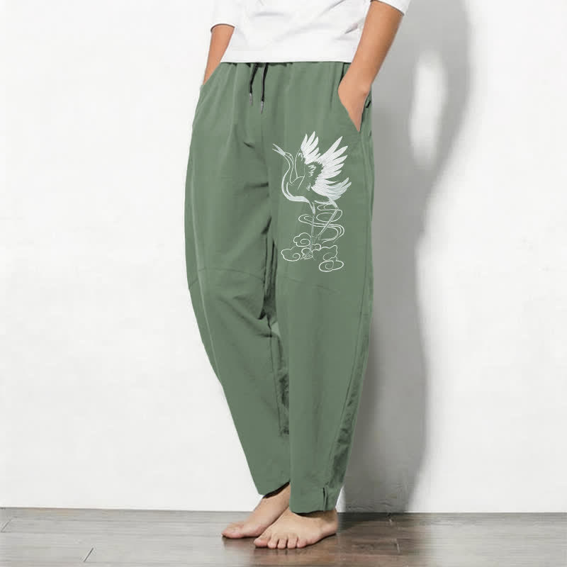 Nimara Ritual Pure Cotton White Crane Pattern Drawstring Men's Tapered Pants With Pockets