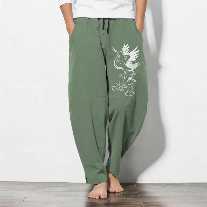 Nimara Ritual Pure Cotton White Crane Pattern Drawstring Men's Tapered Pants With Pockets
