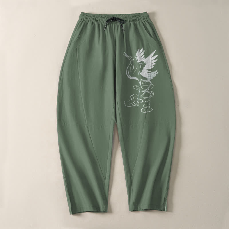 Nimara Ritual Pure Cotton White Crane Pattern Drawstring Men's Tapered Pants With Pockets